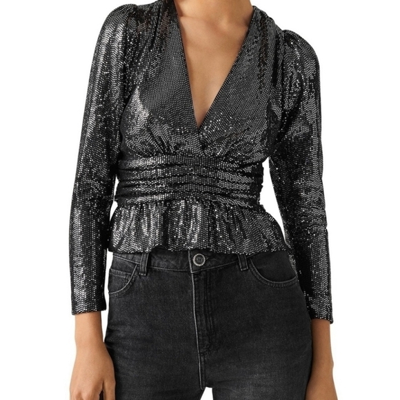 New BA&SH Mae Sequin Top Long Sleeve V Neck Peplum Party Sparkle Noir Black XS - Picture 7 of 17